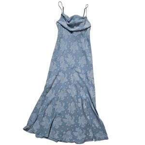 New Saint+Secrets Ruched Draped Cowl Bust Slit Side Cocktail Blue Midi Dress M